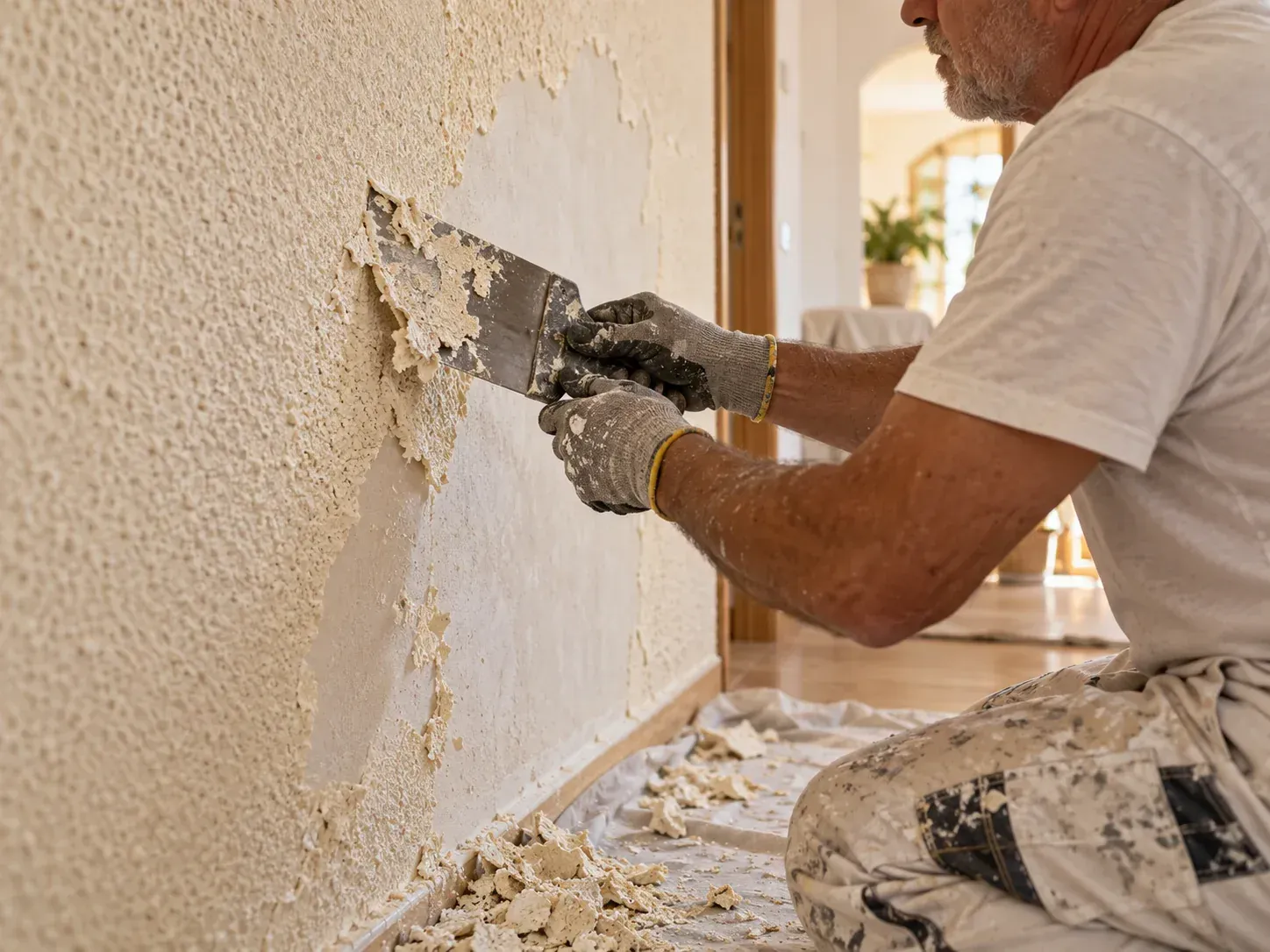 pintor quitando gotelé en una vivienda
