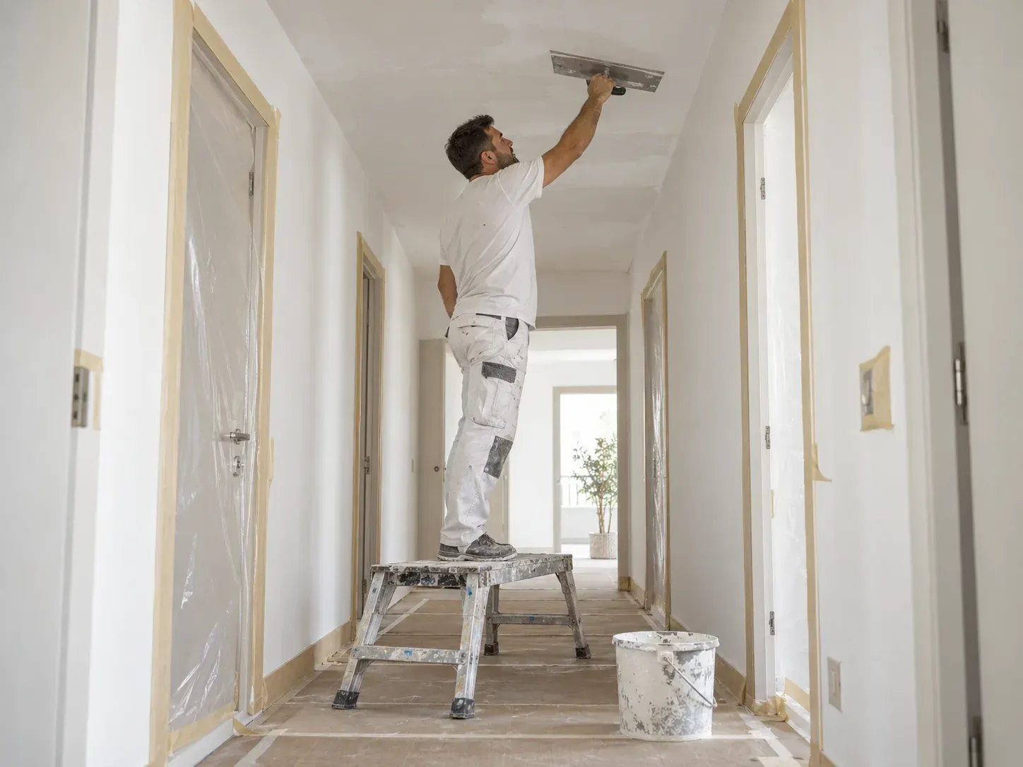 Pintor subido a una escalera de mano, quitando gotelé techo de un pasillo blanco con un cubo de pintura cerca