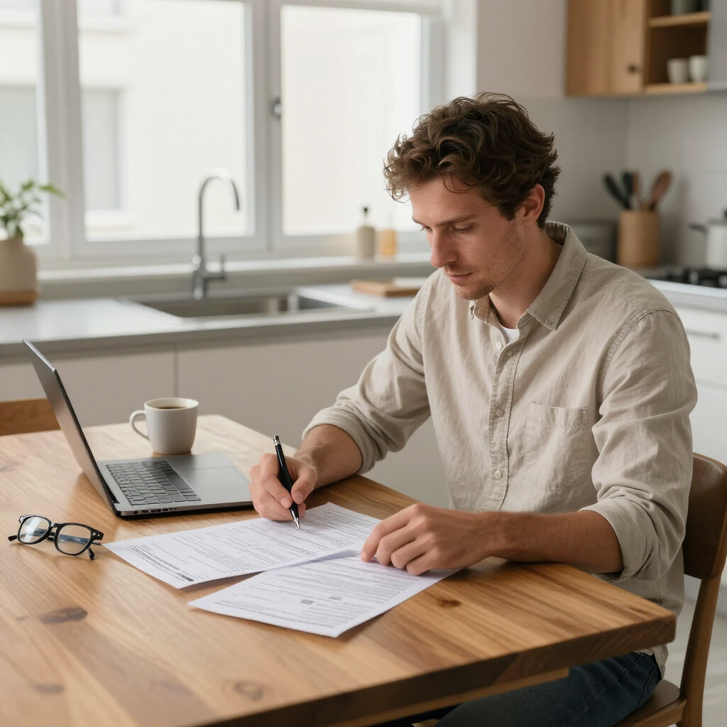 Un hombre toma notas en una mesa de cocina de madera junto a una computadora portátil y una taza de café.