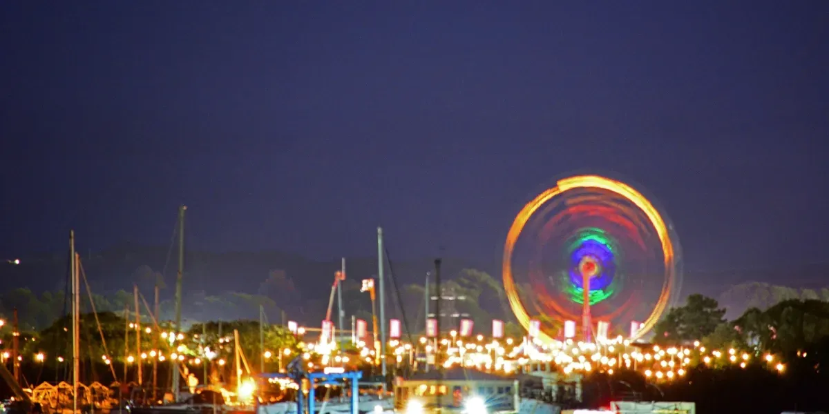 Night view of a ferris wheel with colorful lights, harbor lights, and boats, mountains in the background.