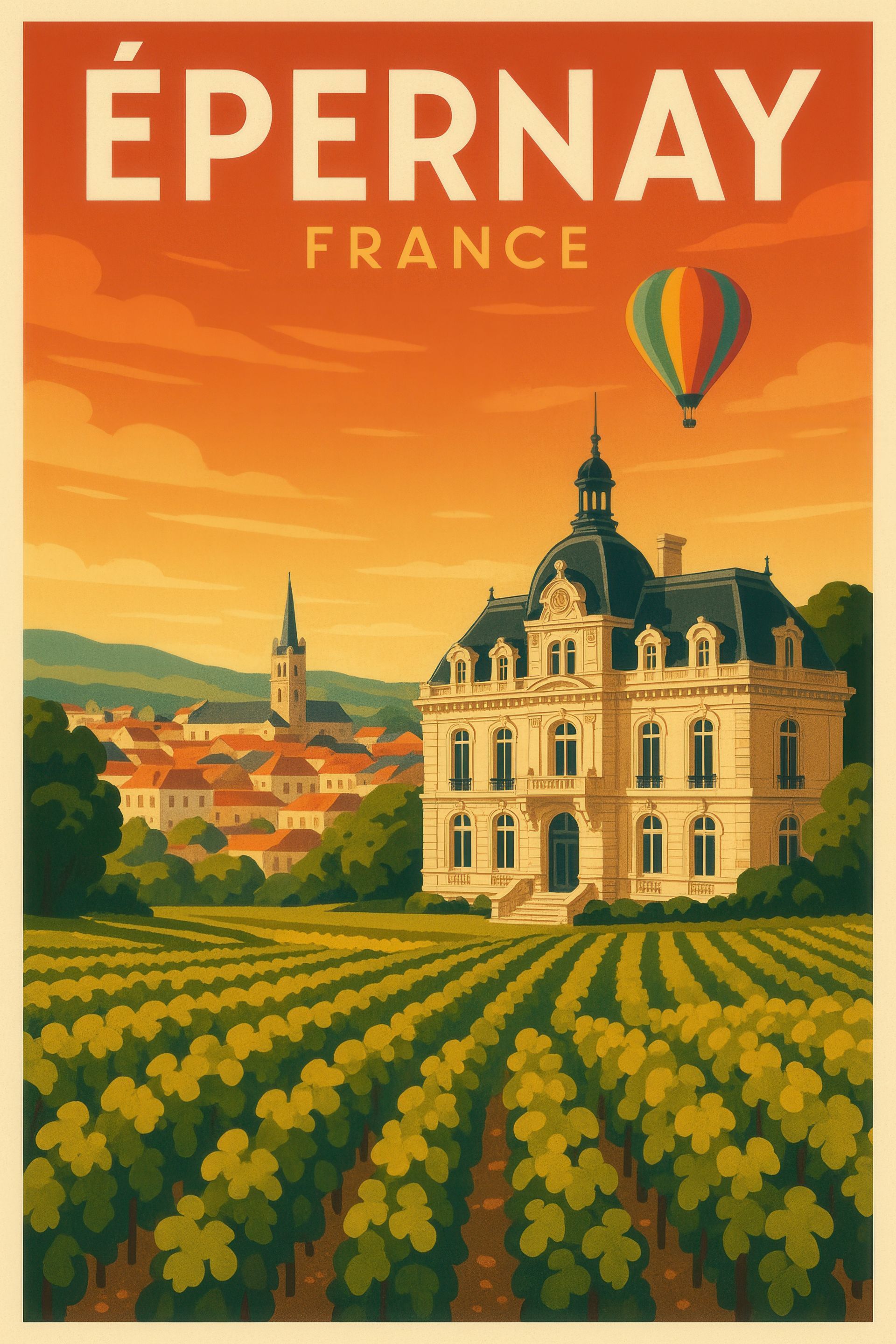 Affiche touristique d'Épernay avec vignobles, bâtiment historique et montgolfière au coucher du soleil.