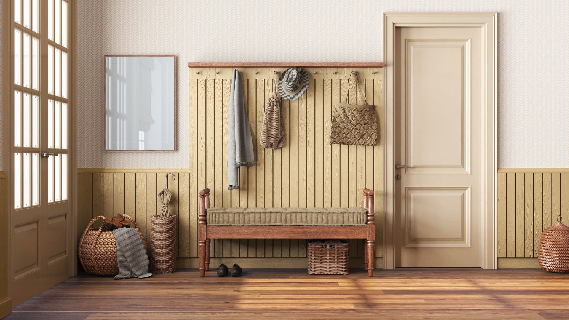 Entrée accueillante avec porte-manteau, banc, chapeaux, paniers et une porte crème aux tons de bois chaleureux.