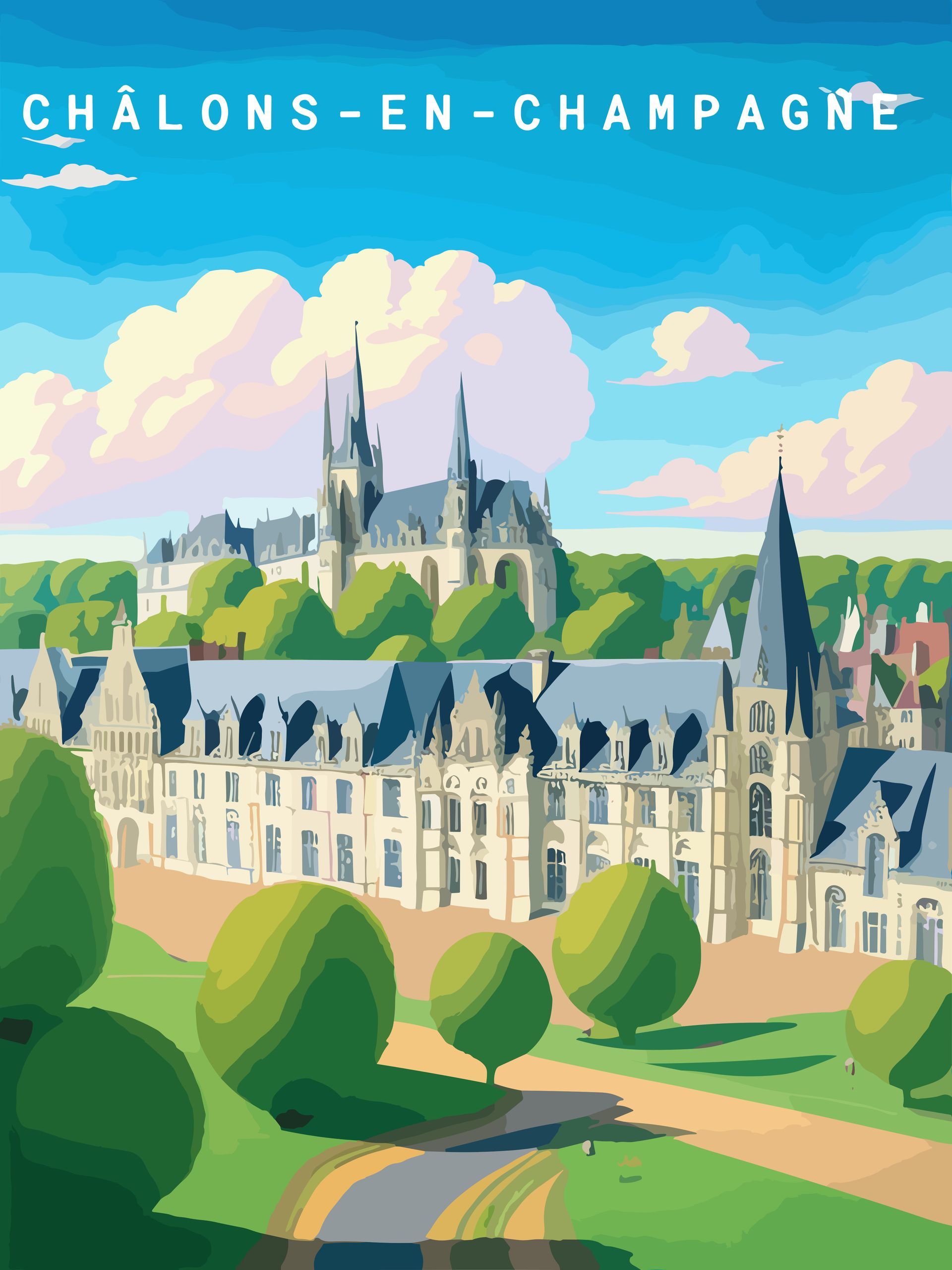 Illustration de la cathédrale de Châlons-en-Champagne et de ses bâtiments historiques sous un ciel d'un bleu éclatant.