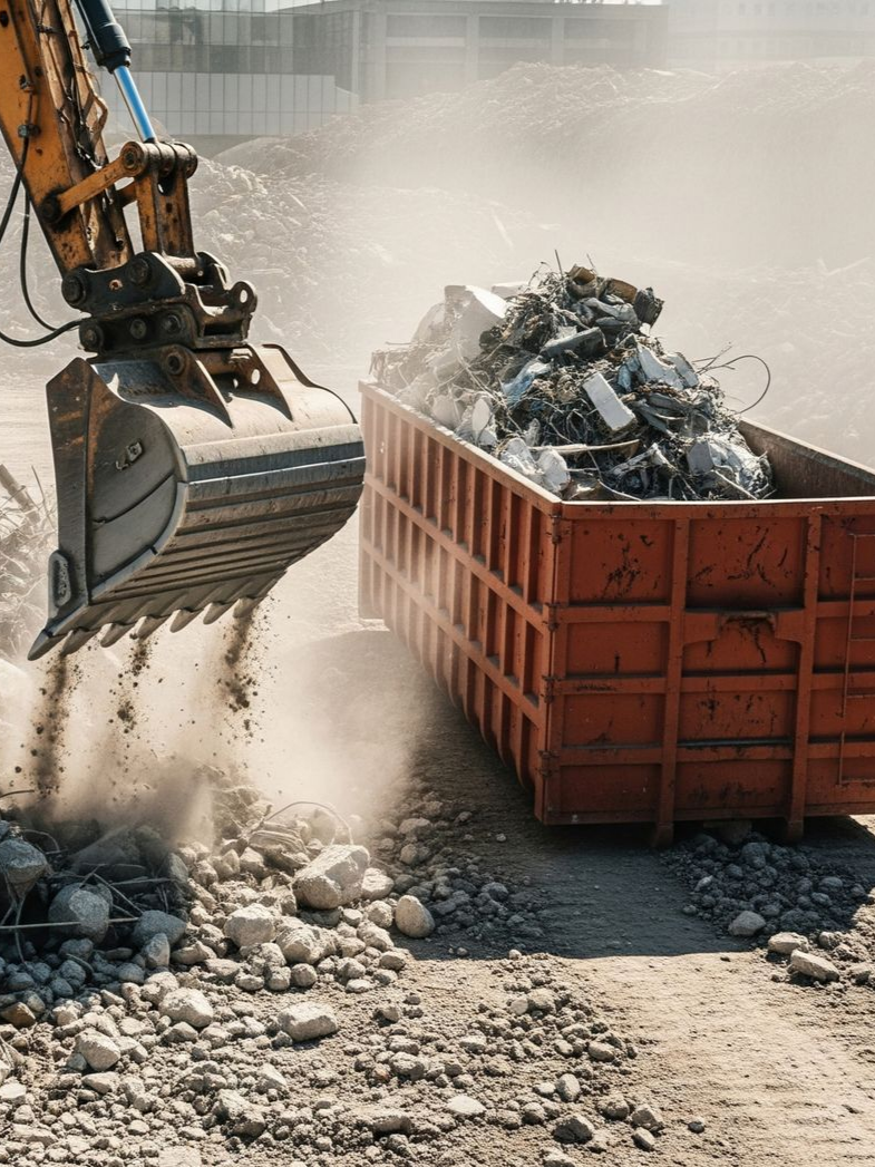 Une excavatrice déverse des débris dans une benne sur un chantier de construction.