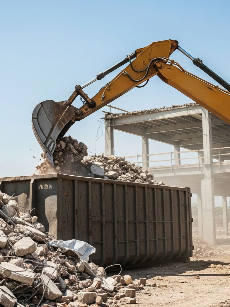 Une pelleteuse charge des débris dans une grande benne à ordures.