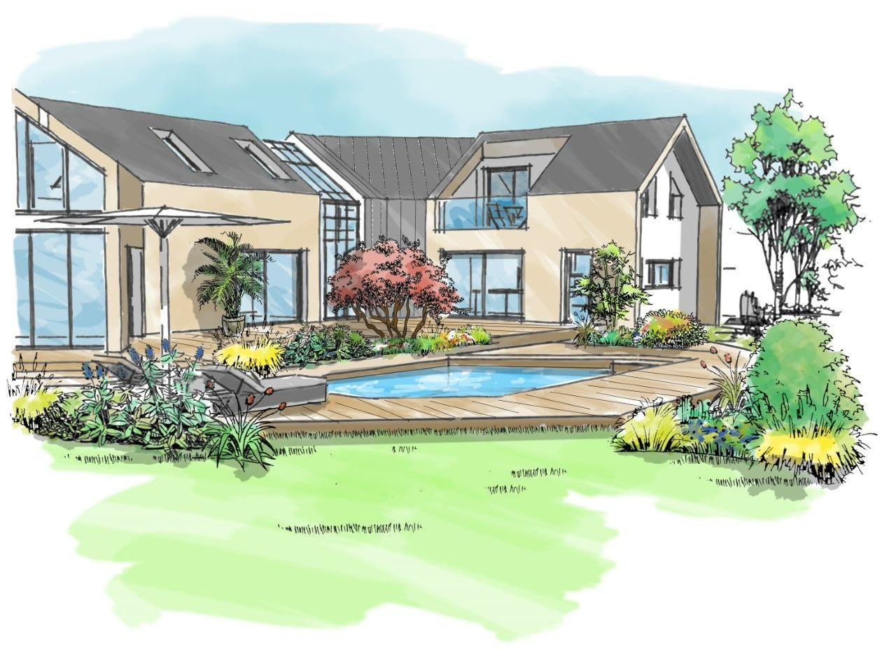 Esquisse d’un jardin et une maison avec piscine