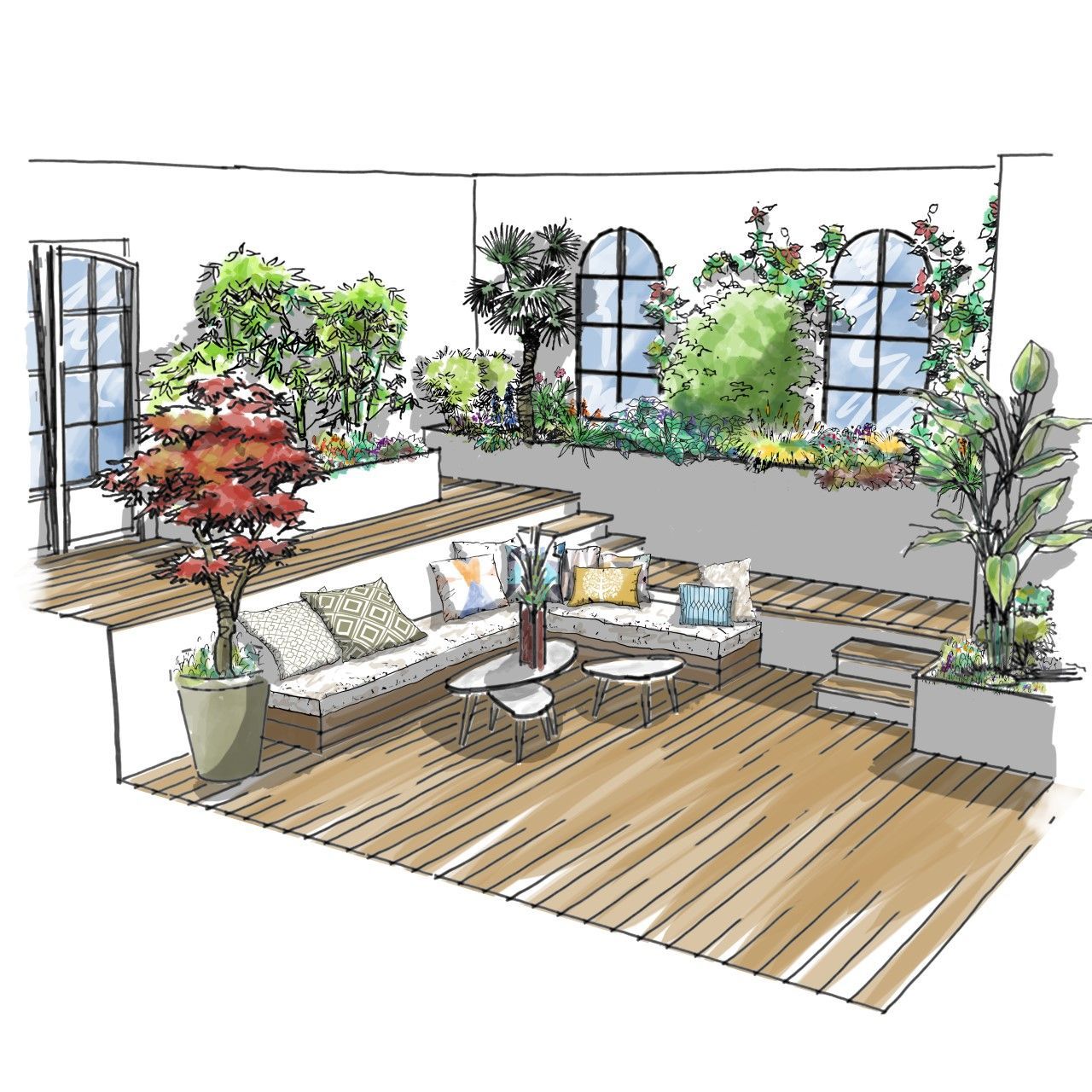 Sketch d’une terrasse en bois aménagée