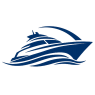 A minimalist navy blue silhouette of a modern yacht cruising over stylized ocean waves on a white background.