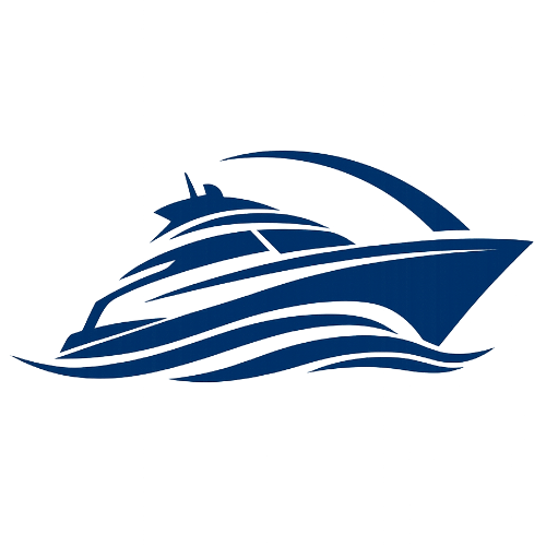 A minimalist navy blue silhouette of a modern yacht cruising over stylized ocean waves on a white background.
