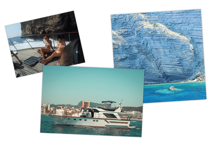 A collage shows people relaxing on a boat deck, a blue rocky cliff over clear water, and a white yacht on the ocean.