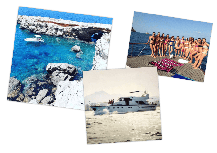 Three photos of a boat trip: a rocky cove, a group posing on a boat deck, and a yacht cruising on the water.