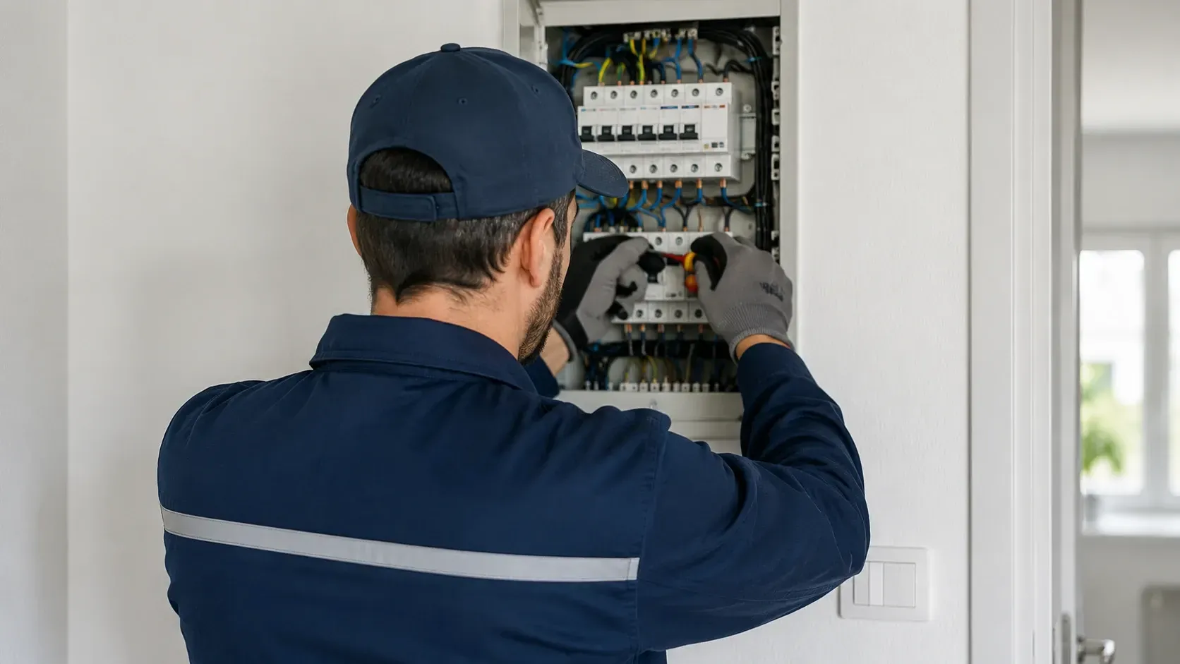 Técnico inspeccionando un panel eléctrico abierto en una pared blanca.
