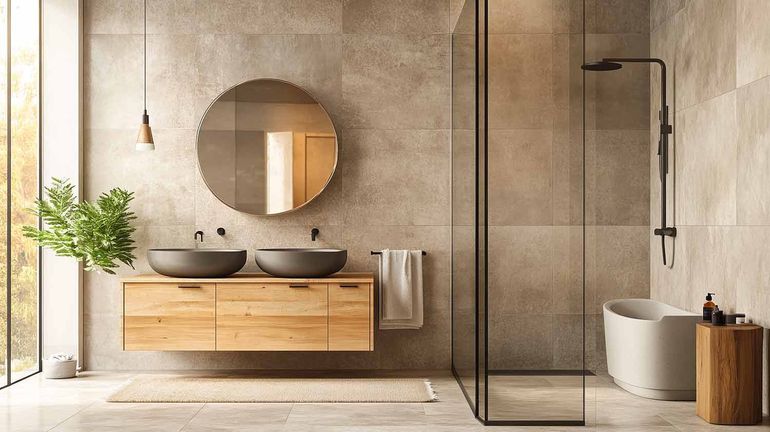 Ein Badezimmer mit zwei Waschbecken, einer Badewanne, einer Dusche und einem Spiegel.