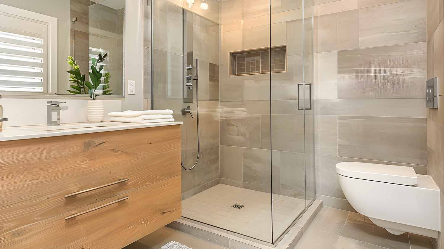 Ein Badezimmer mit ebenerdiger Dusche, Waschbecken, Toilette und Spiegel.