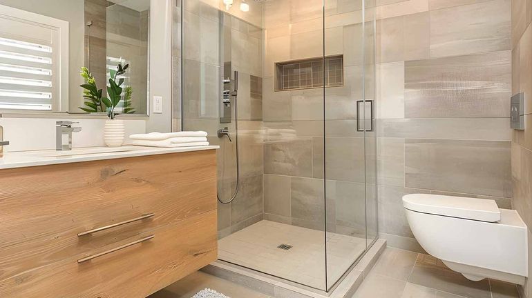 Ein Badezimmer mit ebenerdiger Dusche, Waschbecken, Toilette und Spiegel.