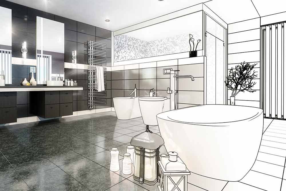Eine Schwarzweißzeichnung eines Badezimmers mit Badewanne, Waschbecken und Toilette.