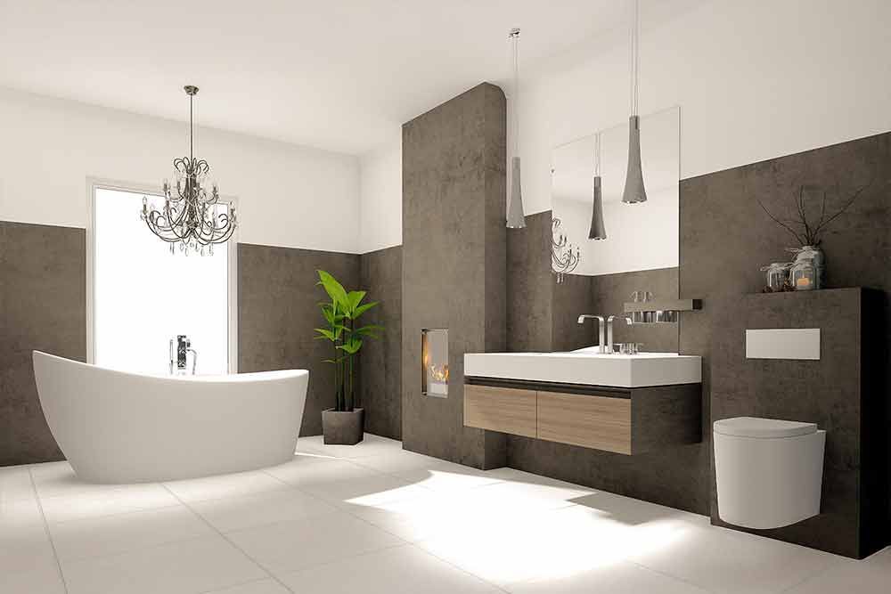 Ein Badezimmer mit Badewanne, Waschbecken, Toilette und Kronleuchter.
