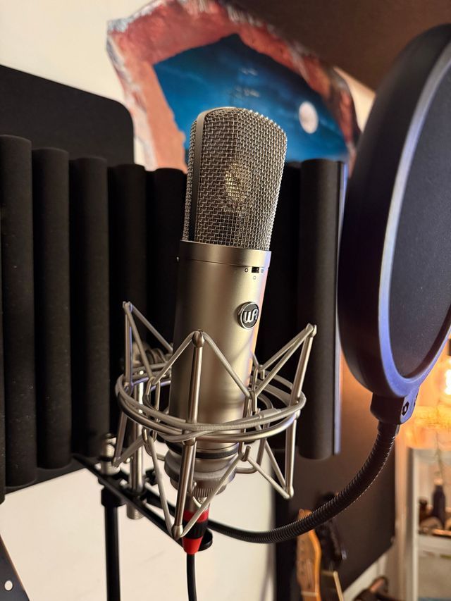 Un micrófono de condensador de estudio plateado montado en un soporte antivibración, con un filtro antipop