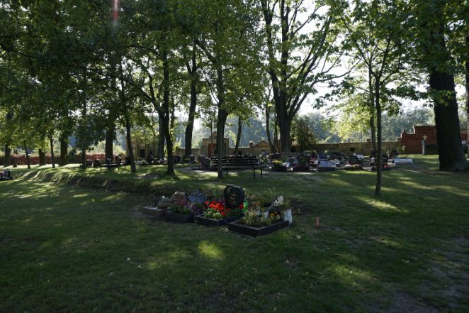 von Bäumen gesäumter Friedhof