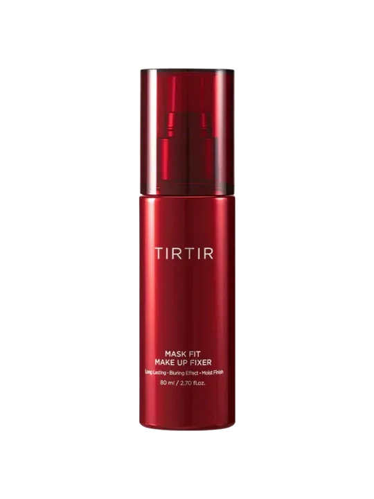 Botella de fijador de maquillaje TIRTIR de color rojo sobre fondo blanco.