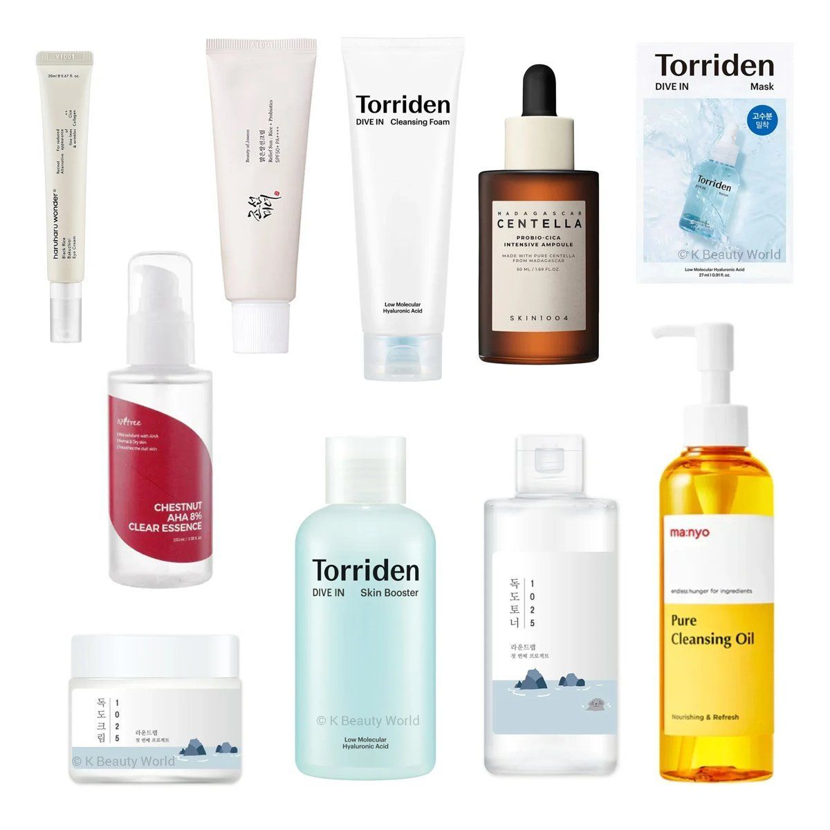 Surtido de productos para el cuidado de la piel, incluidos limpiadores, sueros y humectantes en varios envases.