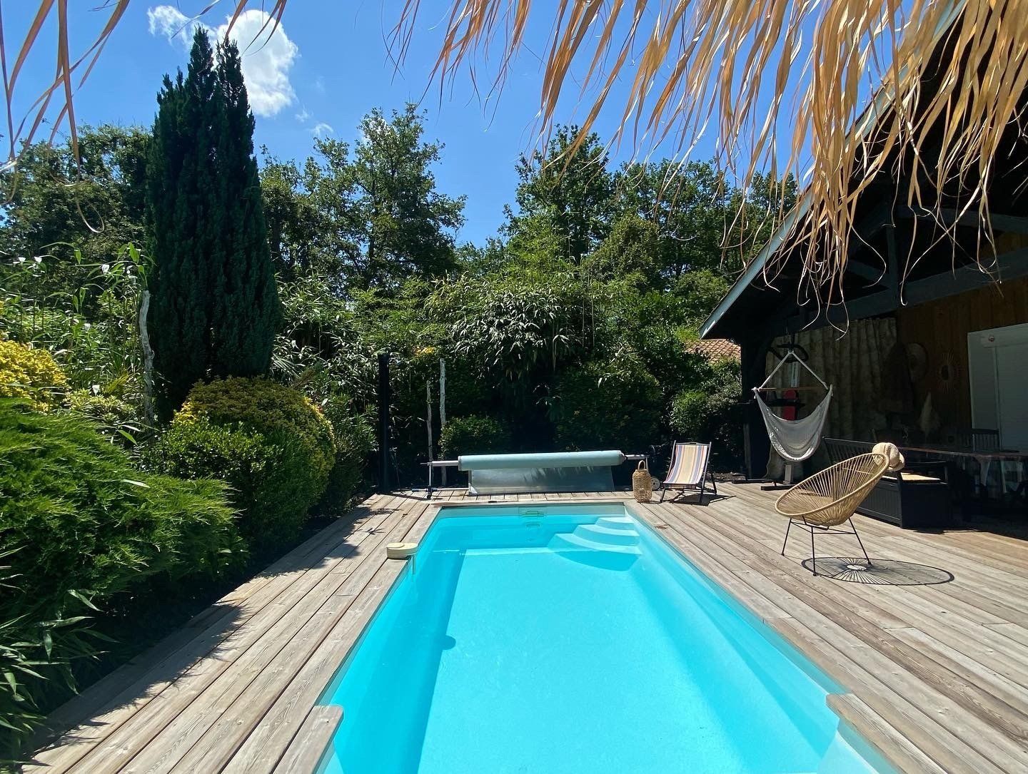 Piscine avec terrasse et arbres