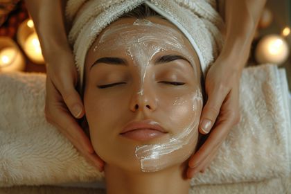 Eine Frau bekommt in einem Spa eine Gesichtsbehandlung und hat dabei ein Handtuch um den Kopf gewickelt.