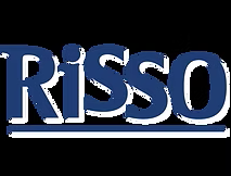 Un logotipo azul y blanco para risso sobre un fondo negro.
