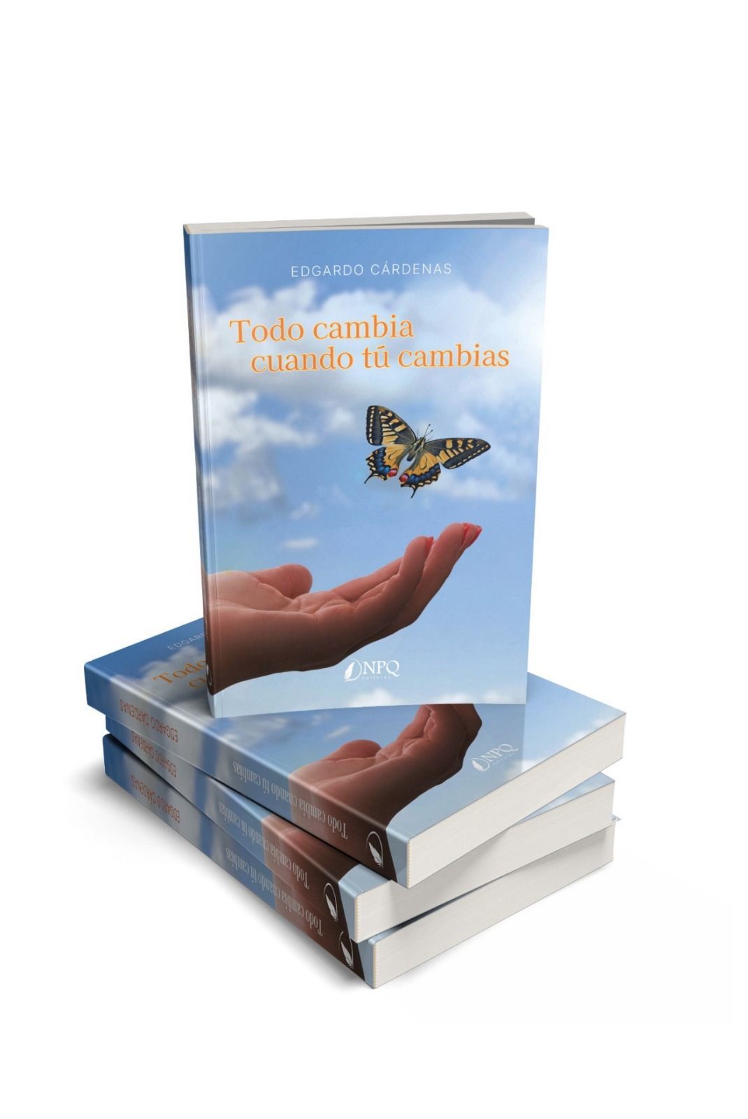 El libro superior muestra una mariposa escapando de una mano, contra un cielo azul con nubes: 