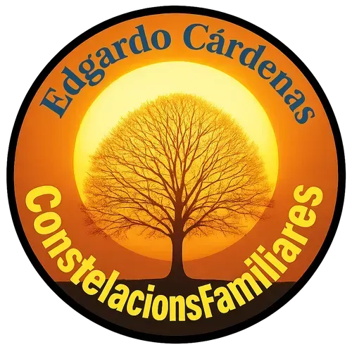Logotipo: Silueta de un árbol contra un sol poniente. Texto: "Edgardo Cárdenas Constelaciones Familiares".