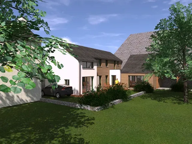 Maison blanche moderne avec toit en pente, allée et pelouse verte sous un ciel bleu