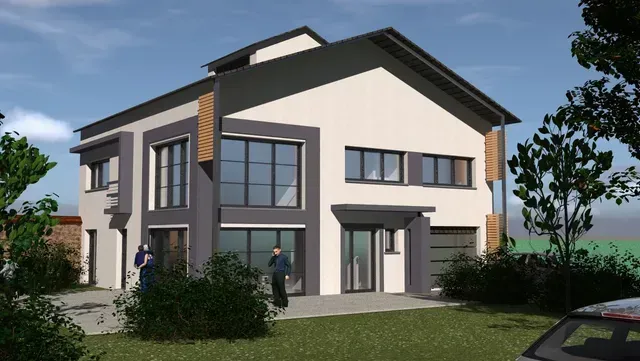 Maison moderne à deux étages avec façade grise et blanche, grandes fenêtres et jardin paysager