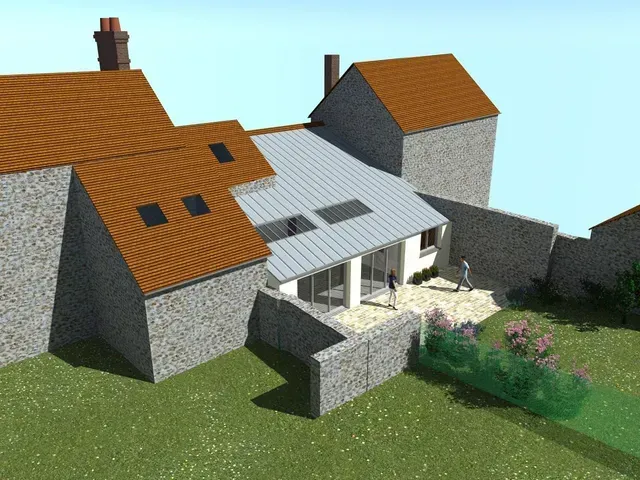 Maison en pierre avec toit orange et véranda blanche donnant sur un jardin gazonné
