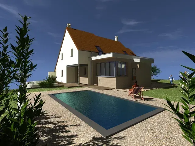 Maison moderne avec piscine et terrasse dans un jardin ensoleillé