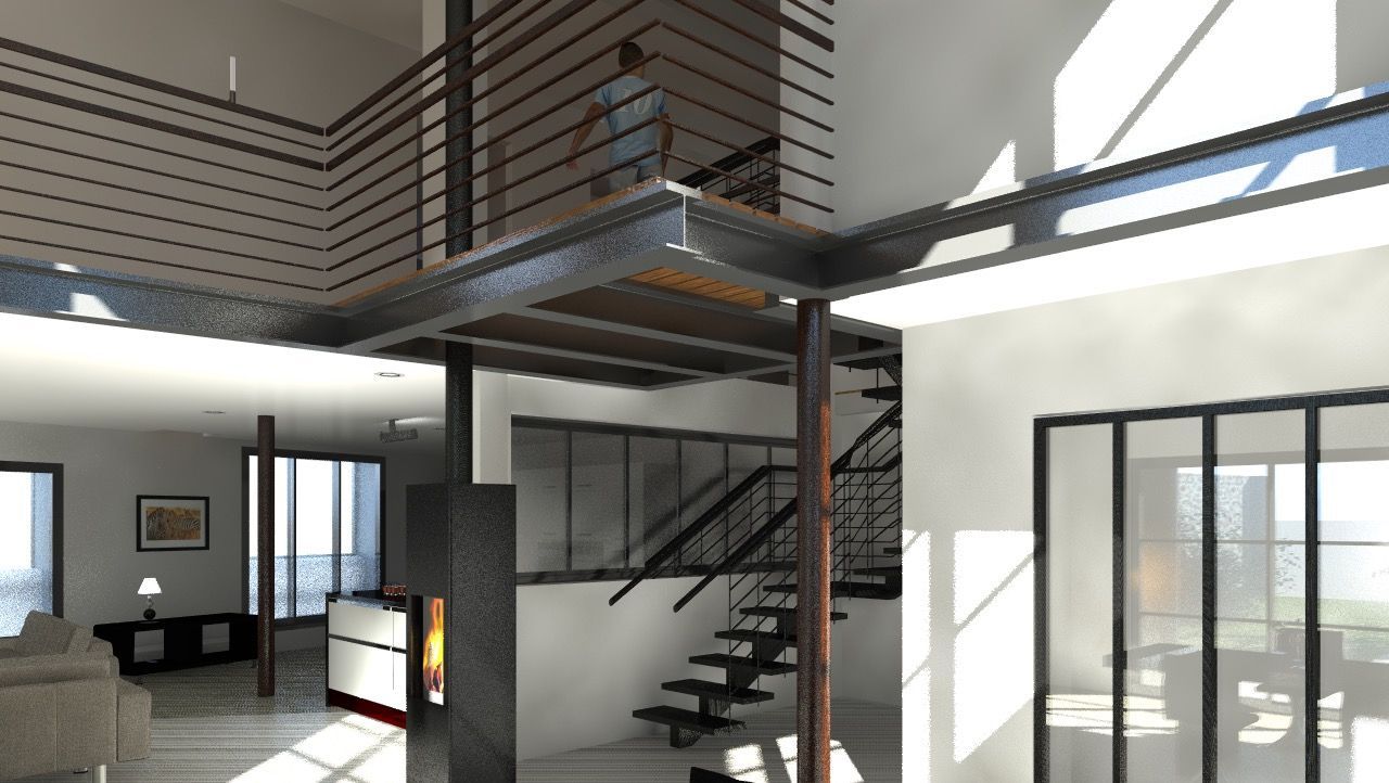 Intérieur de loft moderne avec escalier, balcon, balustrades noires et lumière naturelle abondante grâce à de grandes fenêtres.