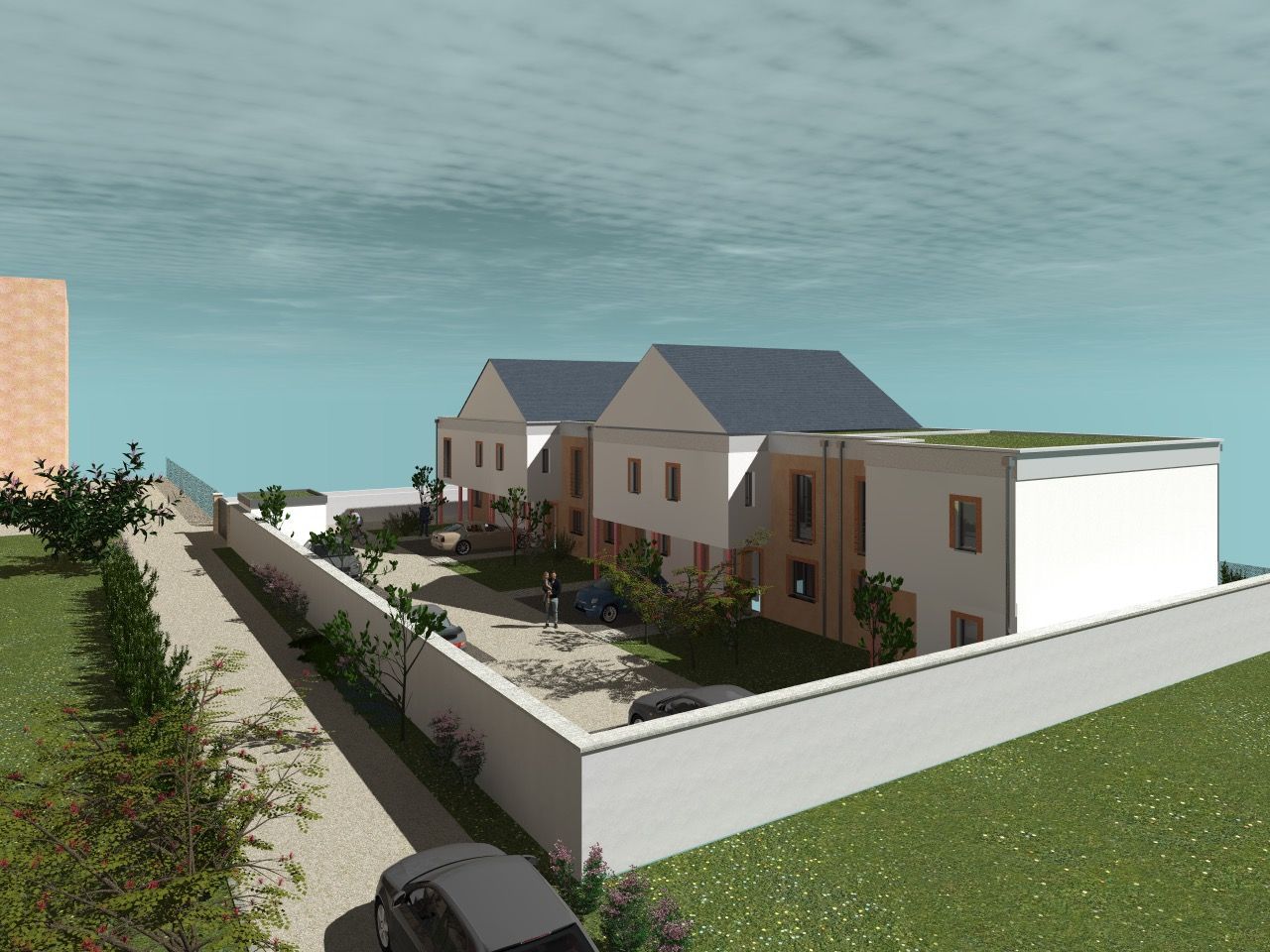 Rendu 3D de maisons blanches modernes et d'une cour intérieure à l'intérieur d'un complexe résidentiel clos de murs