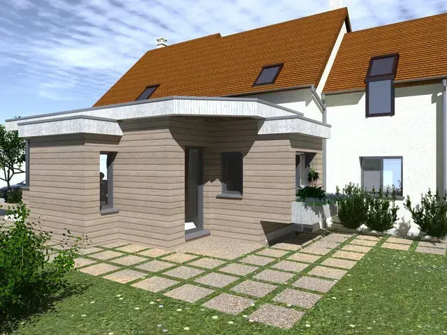 Extérieur de maison moderne avec toit orange, murs blancs et terrasse carrelée à l'avant.