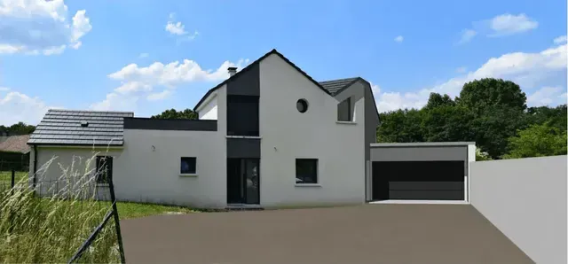 Maison blanche moderne avec toit noir, allée et garage attenant sous un ciel bleu
