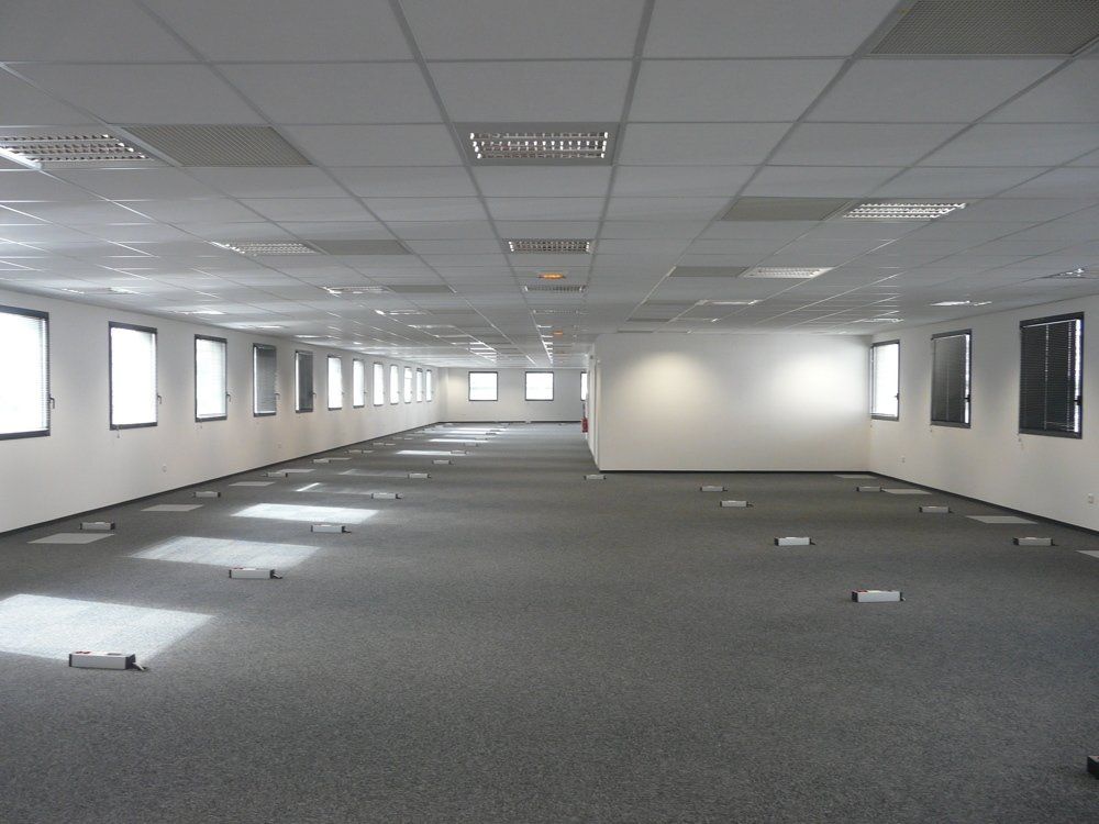 Espace de bureau vide, moquetté, avec murs blancs, fenêtres et éclairage fluorescent au plafond.