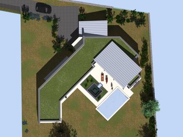 Vue aérienne d'une maison moderne avec un toit en pente, une terrasse, une pelouse et une allée privée.