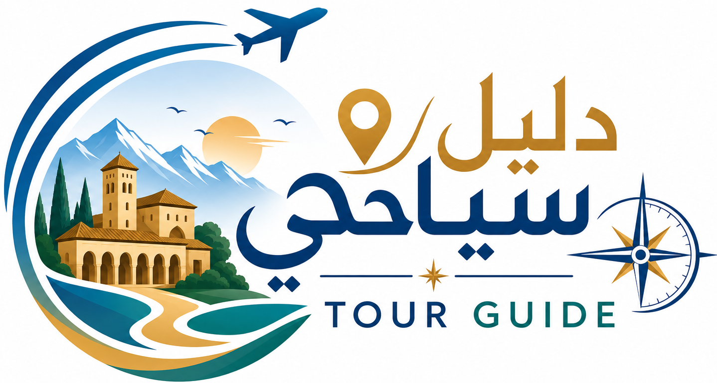 Logotipo de "دليل سياحي" con texto en &aacute;rabe e ingl&eacute;s, iconos de viajes, avi&oacute;n, marcador de mapa, edificios y br&uacute;jula.