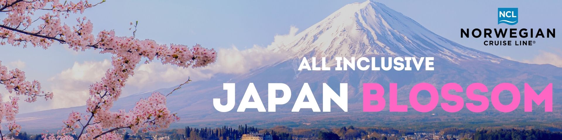 A poster for japan blossom with a mountain in the background