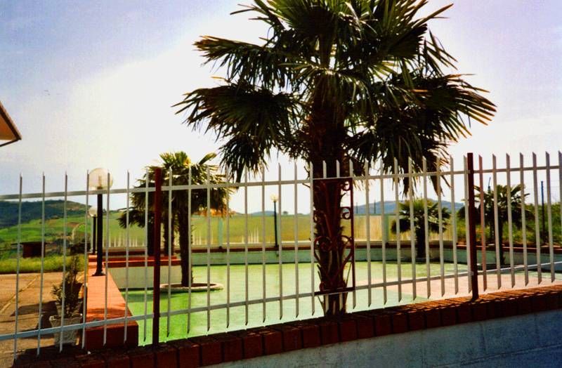 Une clôture entoure une piscine avec un palmier au premier plan