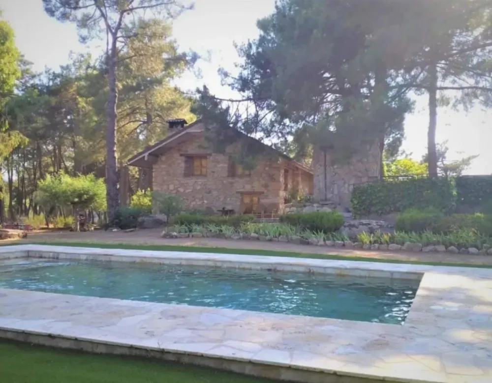 Frente a una rústica casita de piedra de color claro, rodeada de altos pinos, se encuentra una piscina rectangular.