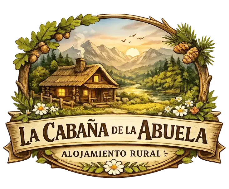 Logotipo de "La Caba&ntilde;a de la Abuela" que muestra una caba&ntilde;a r&uacute;stica de troncos en un paisaje monta&ntilde;oso, enmarcada por hojas de roble y pi&ntilde;as.
