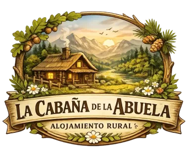 Logotipo de "La Caba&ntilde;a de la Abuela" que muestra una caba&ntilde;a r&uacute;stica de troncos en un paisaje monta&ntilde;oso, enmarcada por hojas de roble y pi&ntilde;as.