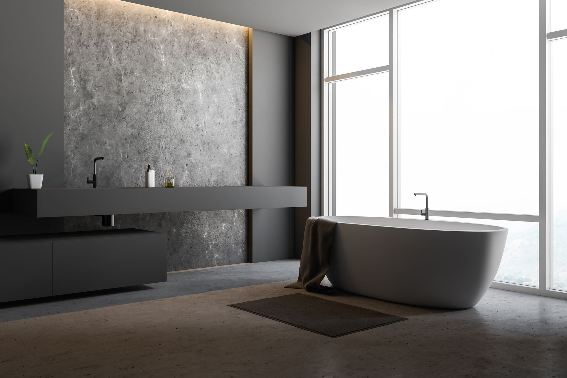 Modernes, minimalistisches Badezimmer mit freistehender Badewanne, dunklem Waschtisch und großen, bodentiefen Fenstern