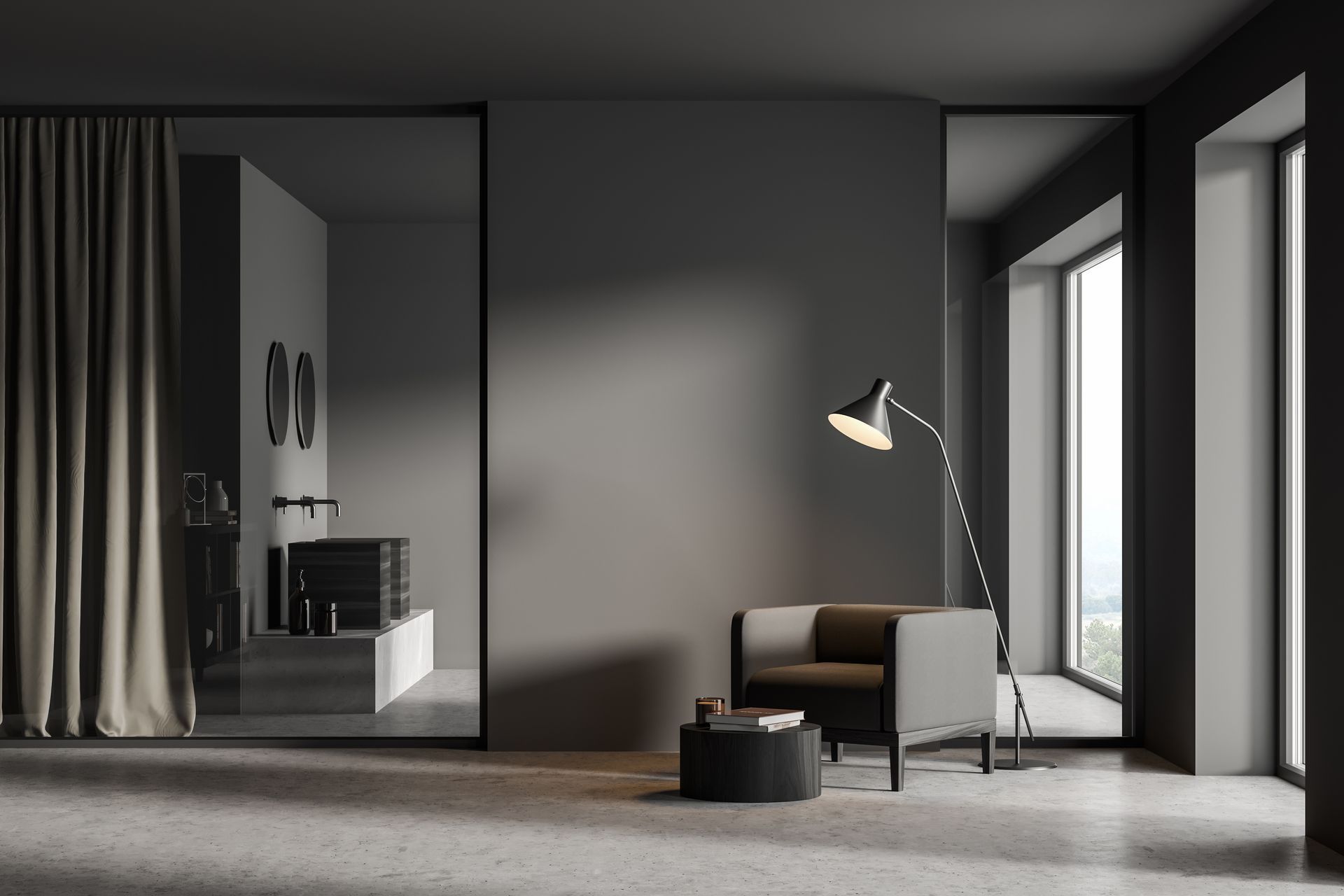 Modernes, minimalistisches Zimmer mit Sofa, Stehlampe, rundem Tisch und großen Fenstern in sanften Grautönen.