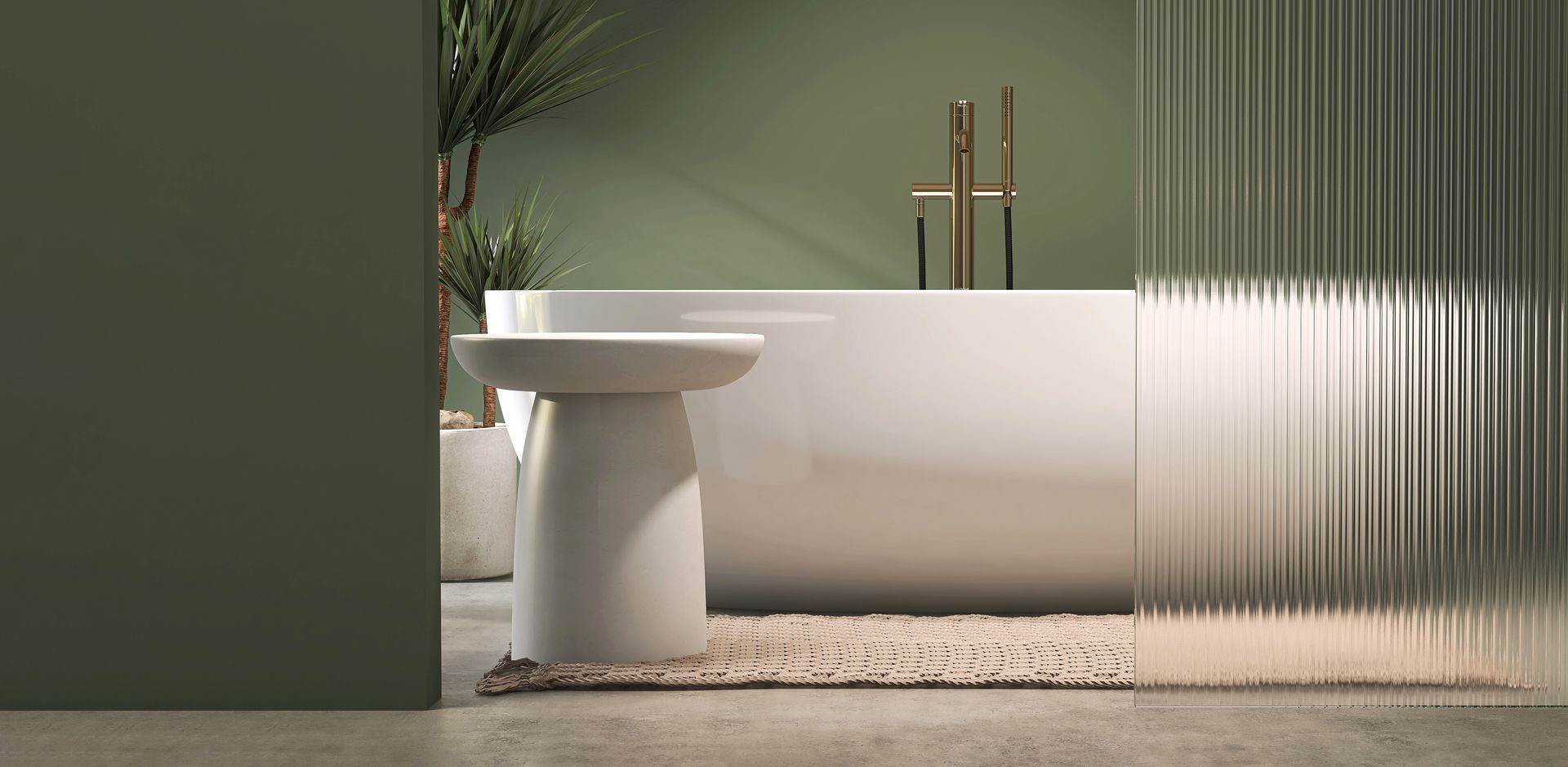 Minimalistisches Badezimmer mit weißem Waschbecken, freistehender Badewanne, grünen Wänden und Trennwand aus geriffeltem Glas