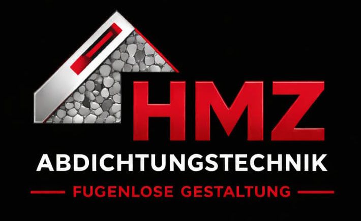 HMZ Abdichtungstechnik Logo auf schwarzem Hintergrund, mit rotem und weißem Hausdach-Symbol und Text "Fugenlose Gestaltung"